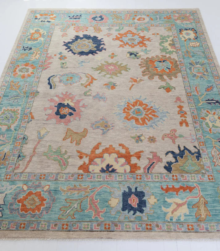 Cream Oushak Hand-Knotted Wool Rug
