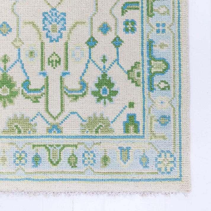 Ivory Green Oushak Hand-Knotted Wool Rug