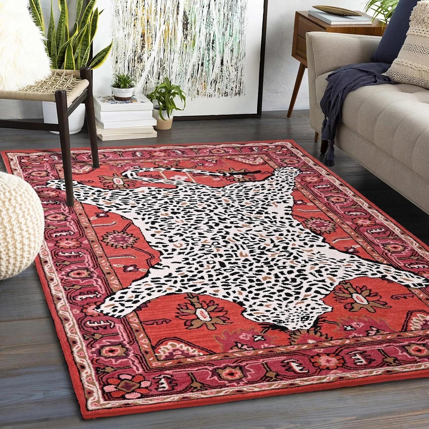 Oriental Leopard Wool Rug – Handmade with Floral Border Detailing