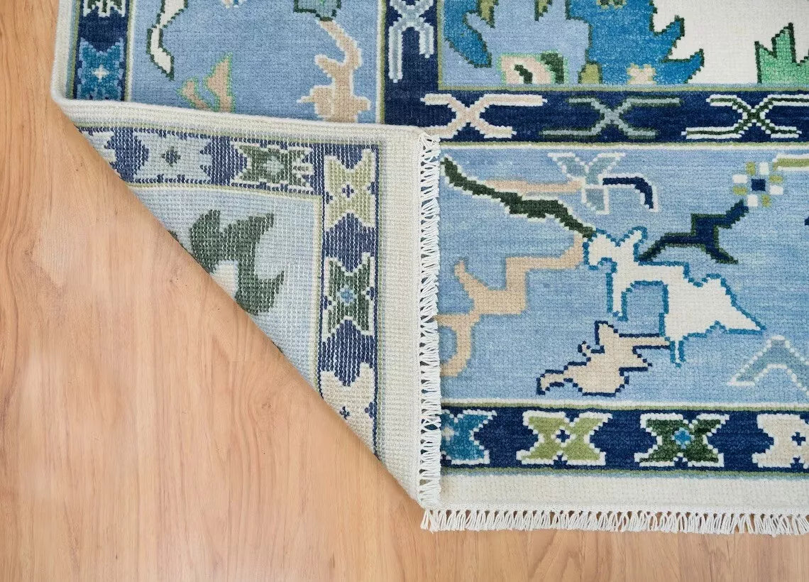 Ivory & Blue Oushak Hand-Knotted Wool Rug