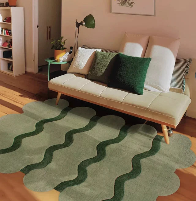Green Color Premium Handmade Woolen Irregular Rug