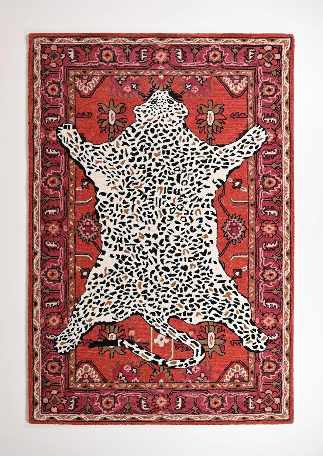 Oriental Leopard Wool Rug – Handmade with Floral Border Detailing