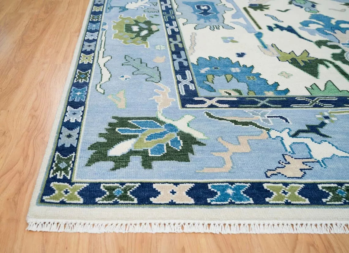 Ivory & Blue Oushak Hand-Knotted Wool Rug