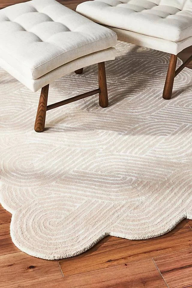 Beige & White Color Premium Handmade Woolen Irregular Rug