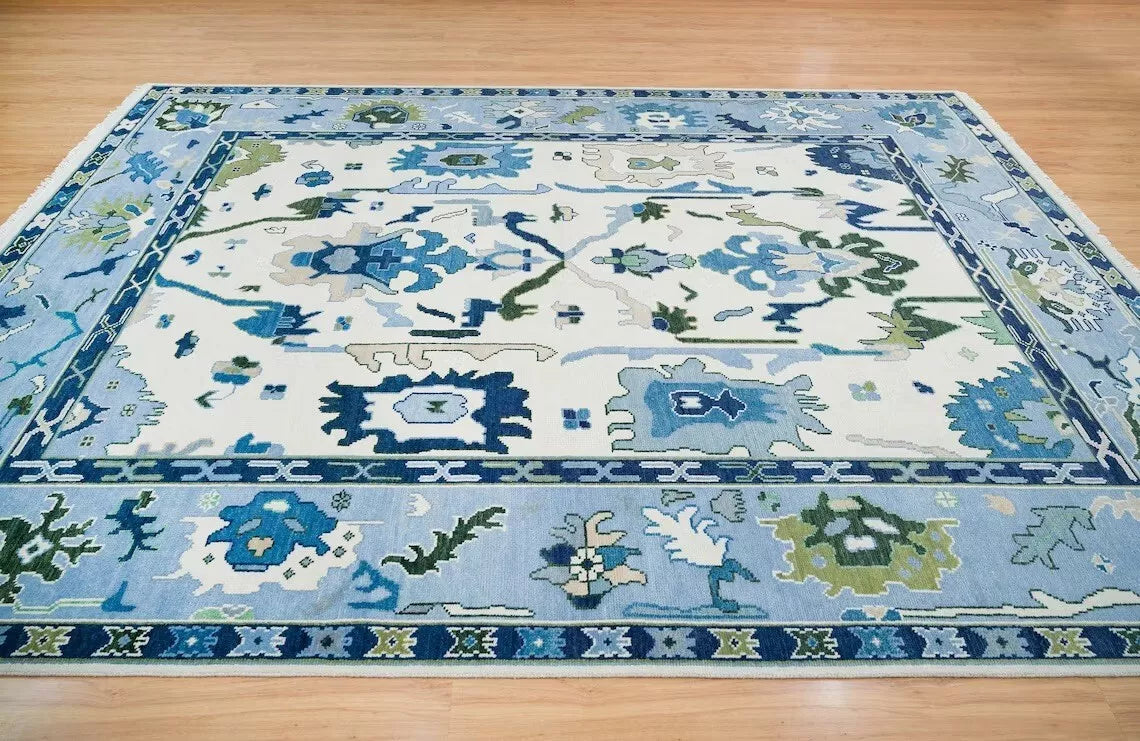 Ivory & Blue Oushak Hand-Knotted Wool Rug