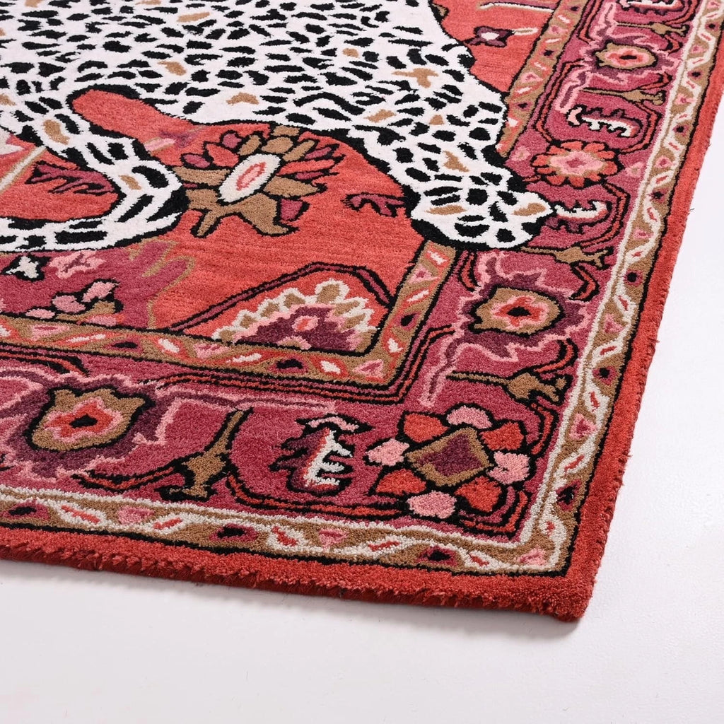 Oriental Leopard Wool Rug – Handmade with Floral Border Detailing