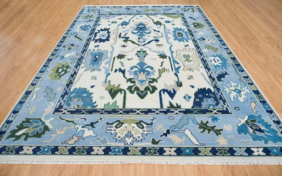 Ivory & Blue Oushak Hand-Knotted Wool Rug