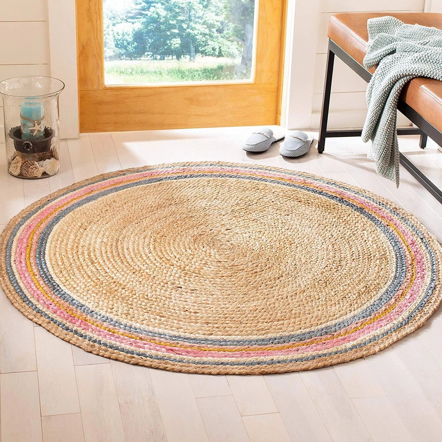 Multicolor Stripes Border Round Handmade Braided Jute Rug