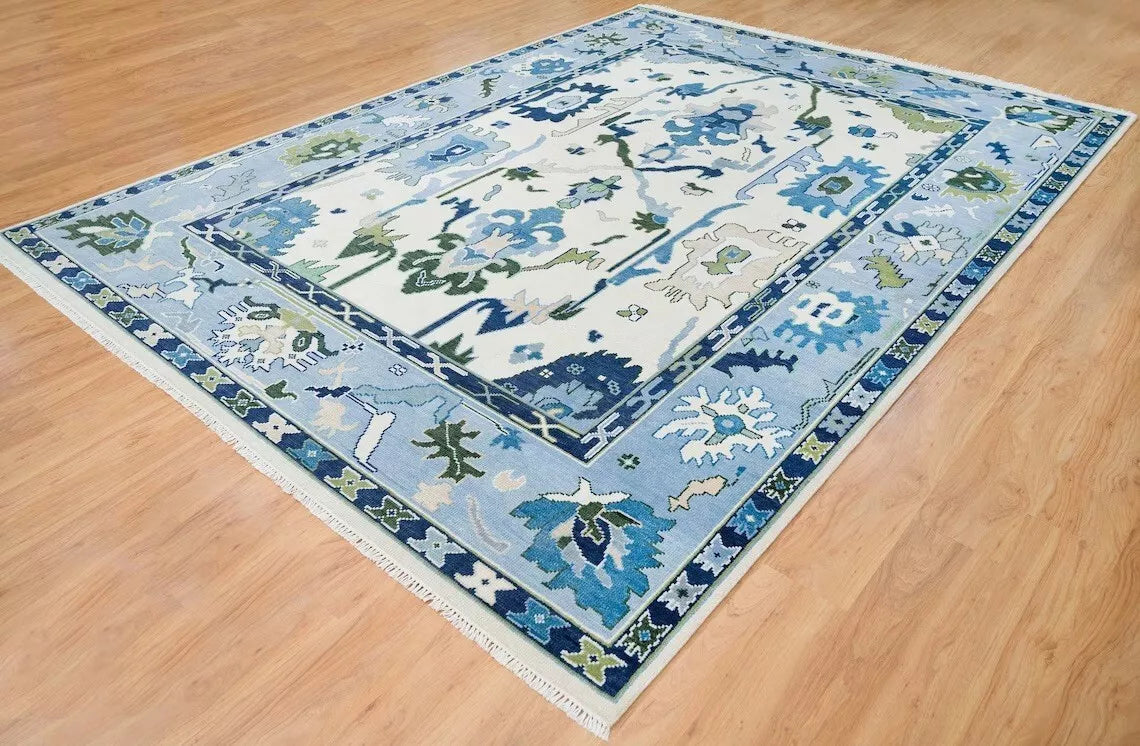 Ivory & Blue Oushak Hand-Knotted Wool Rug